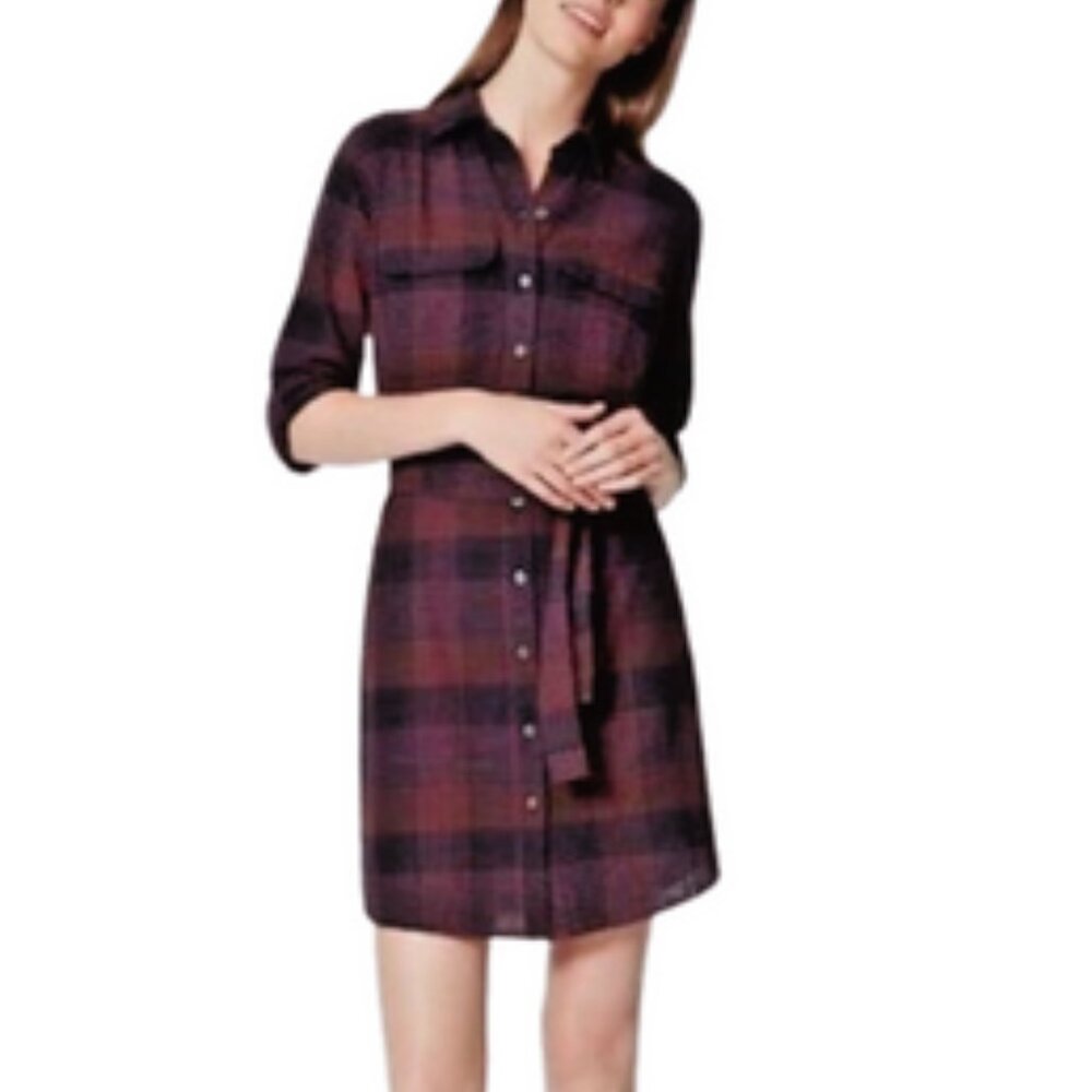 LOFT Cotton MP Plaid Shirtdress Belted Flannel Maroon Black Roll-Tab Sleeves